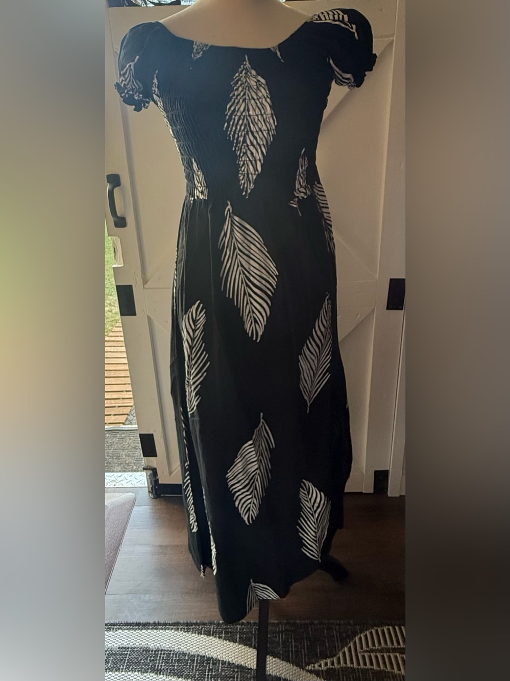 Black Maxi Dress with White Feather Print